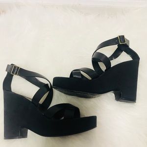 Gucci Black Canvas Wedge Strappy Heels 8.5